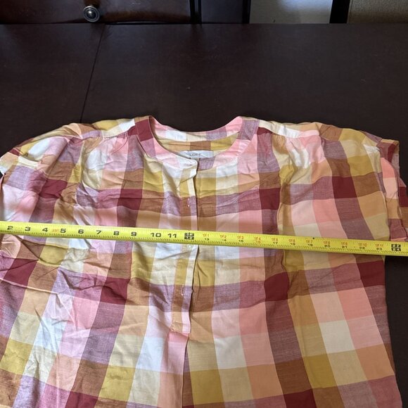 Loft Plaid Short Sleeve Button-Front Blouse Size S Pink/Yellow/Red - Picture 6 of 7
